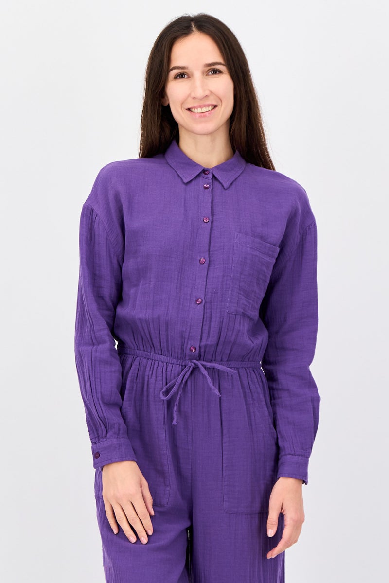promod Women Plain Long Sleeve Jumpsuits, Purple - Image 3